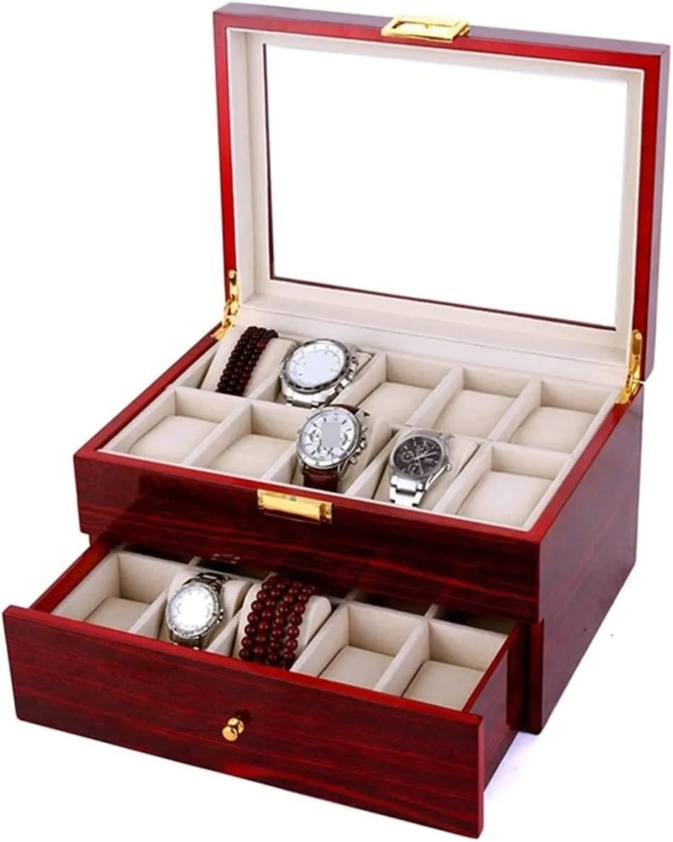 Top Lockable Storage Case Watch Box Watch Case Wood fusion table 20 Slots Watch Box Organizer Bracelet Display Holder Metal Hinge Clear 