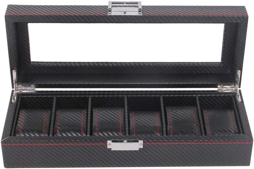 top signer extreme Cover Artificial Leather - Black 6-Slot Luxury case Display Storage Box with Carbon Fiber Design, with Transparent 