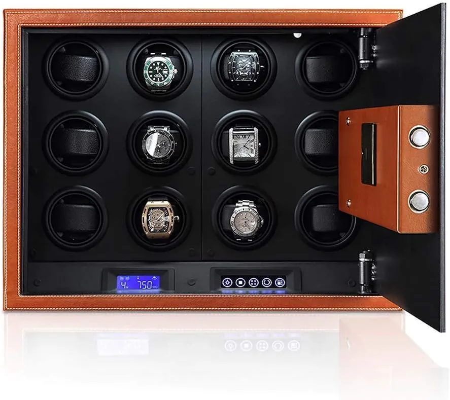Touch Screen Safe Box Watch Winder 12 Watch Winder Safety Box - for 12 leatherback Automatic Watches Quiet Motor/Easy Set-up/4 Pre-Programmed Modes Microfiber Leather Led 