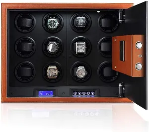 Touch Screen Safe Box Watch Winder 12 Watch Winder Safety Box - for 12 leatherback Automatic Watches Quiet Motor/Easy Set-up/4 Pre-Programmed Modes Microfiber Leather Led 