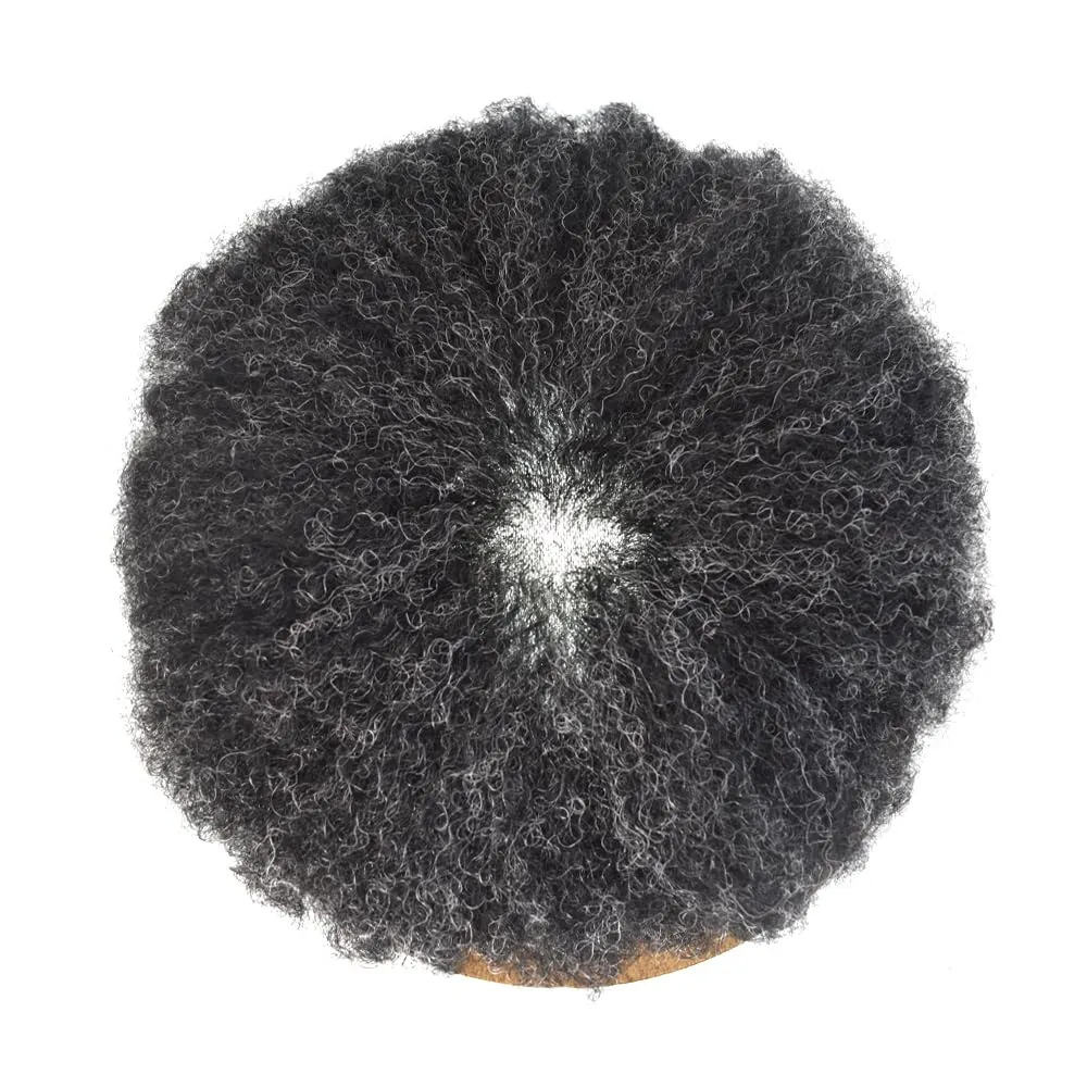 Toupee Hair Piece 8X10 6mm Afro Wave #140#1 Jet Black 40% Grey 0.12mm Full PU Afro Toupee scene for Black Man Weave Hair Unit Brazilian Virgin Kinky Curly Human Hair System Durable Afro Mens 