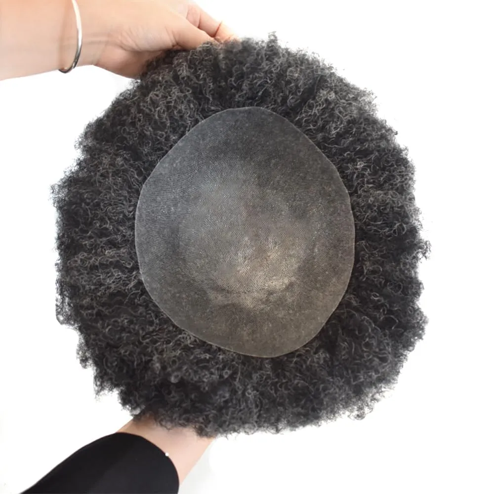 Toupee Hair Piece 8X10 6mm Afro Wave #140#1 Jet Black 40% Grey 0.12mm Full PU Afro Toupee scene for Black Man Weave Hair Unit Brazilian Virgin Kinky Curly Human Hair System Durable Afro Mens 