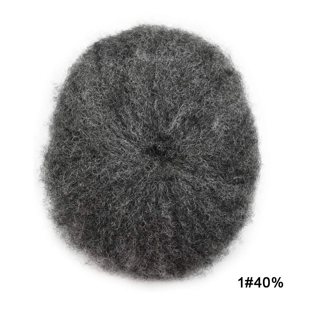 Toupee Hair Piece 8X10 6mm Afro Wave #140#1 Jet Black 40% Grey 0.12mm Full PU Afro Toupee scene for Black Man Weave Hair Unit Brazilian Virgin Kinky Curly Human Hair System Durable Afro Mens 