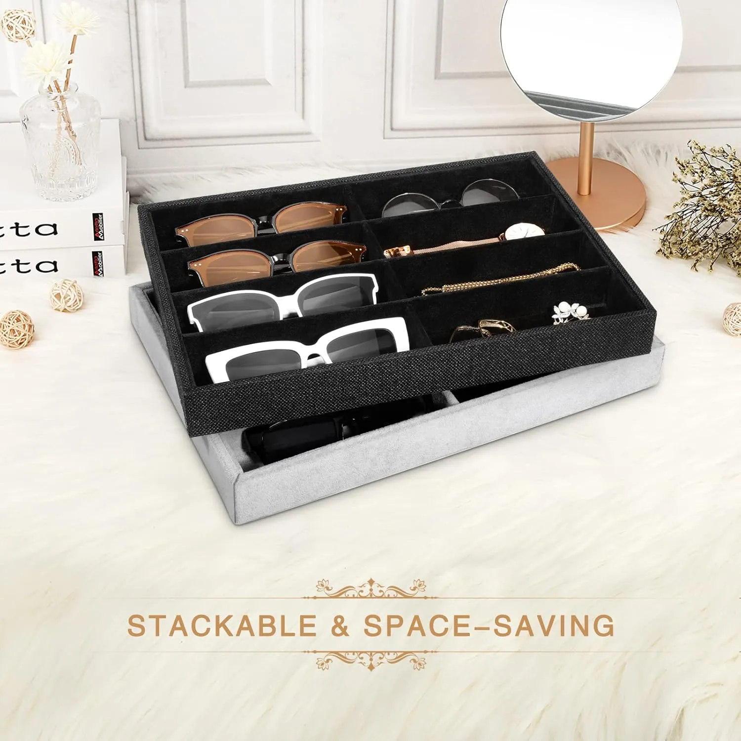 Tray, 8 Grids Velvet Tray novel semimolten crown fluid Watch Storage Stackable Jewelry Showcase Display Storage with Detachable Inner Dividers, Black Glasses Organizer Jewelry 