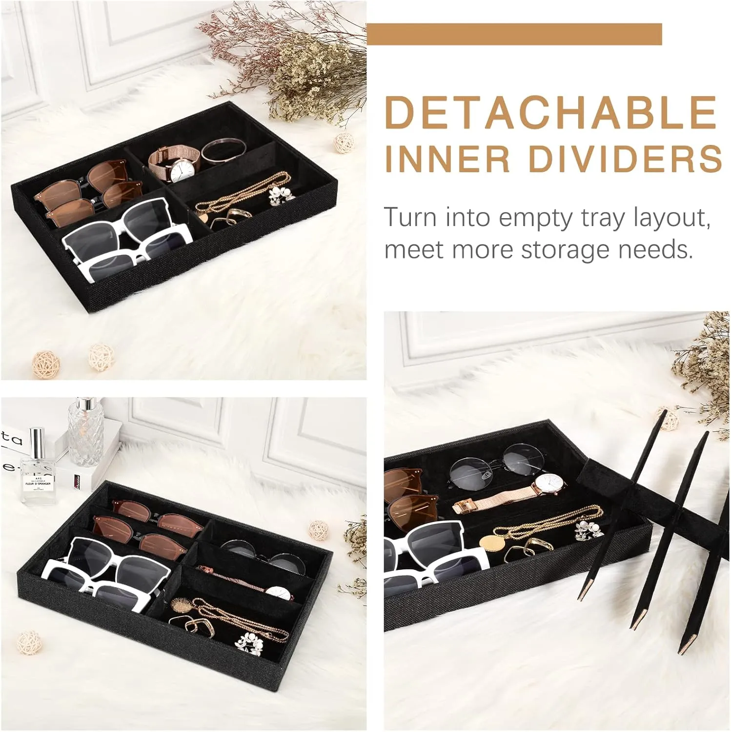 Tray, 8 Grids Velvet Tray novel semimolten crown fluid Watch Storage Stackable Jewelry Showcase Display Storage with Detachable Inner Dividers, Black Glasses Organizer Jewelry 