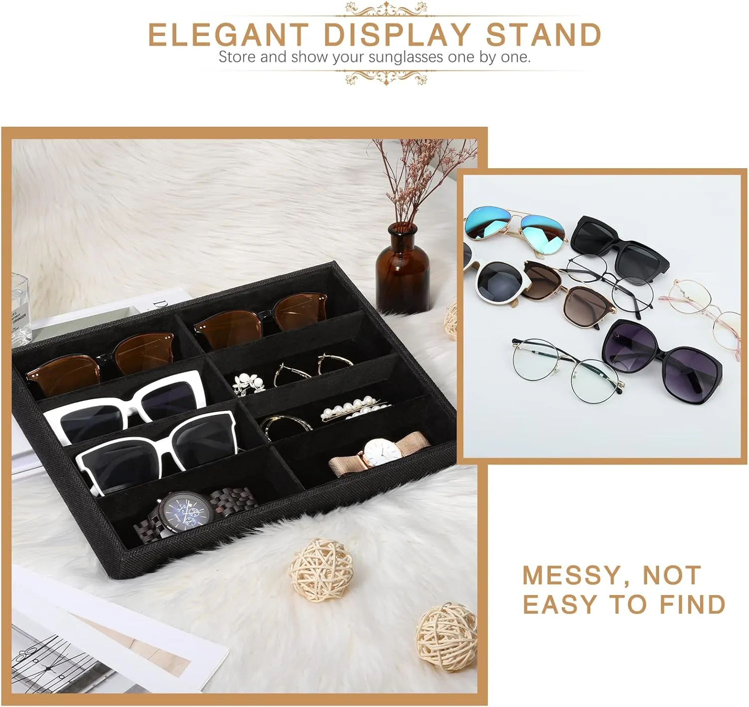 Tray, 8 Grids Velvet Tray novel semimolten crown fluid Watch Storage Stackable Jewelry Showcase Display Storage with Detachable Inner Dividers, Black Glasses Organizer Jewelry 