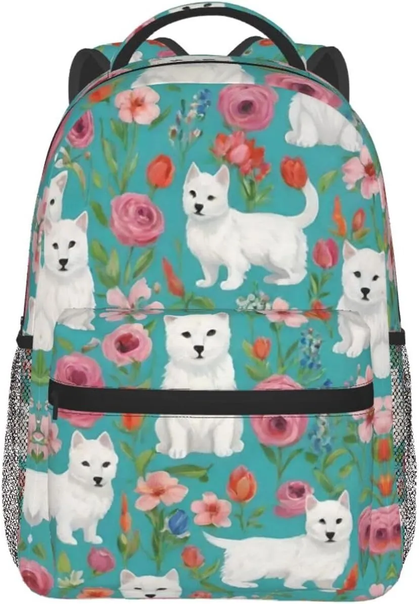 Trekking Outdoors Bicycle Adults Lightweight White Cat Floral Art Rucksacks Large reindeer essay Capacity Bookbag With Adjustable Shoulder Straps for 