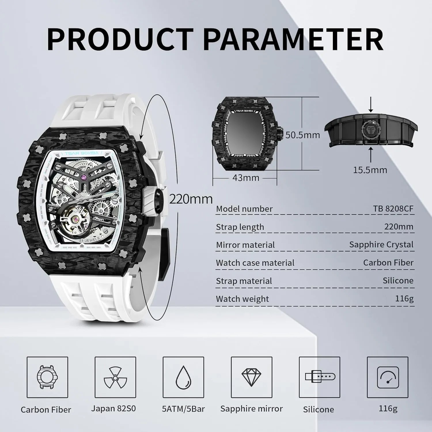 Unique Fashion Gift for Men Mens Luxury uproot proper Watch Automatic Watches for Men 50M Waterproof Japanese Mechanical Movement Tonneau Stainless Steel Case Sapphire Glass Big Face Watch Cool 