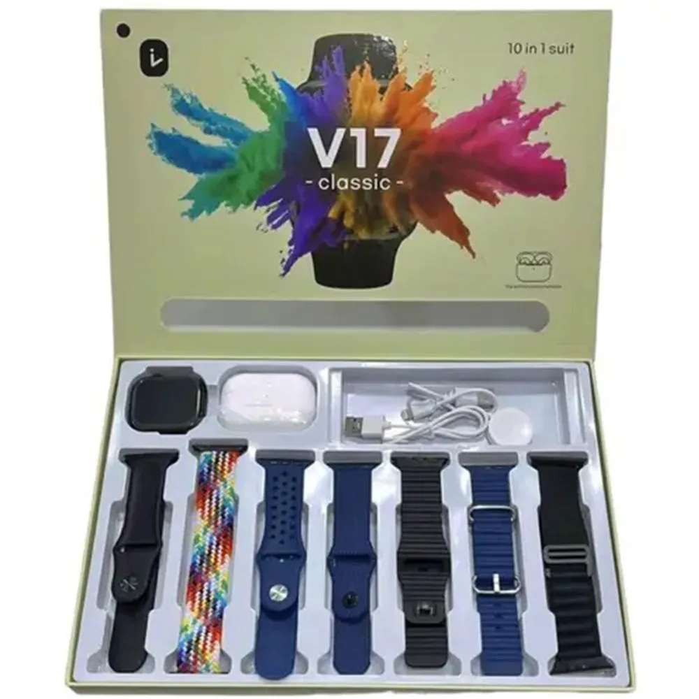 V17 Classic Smart Watch 10-in-1 Combo with Earbuds & Straps Set