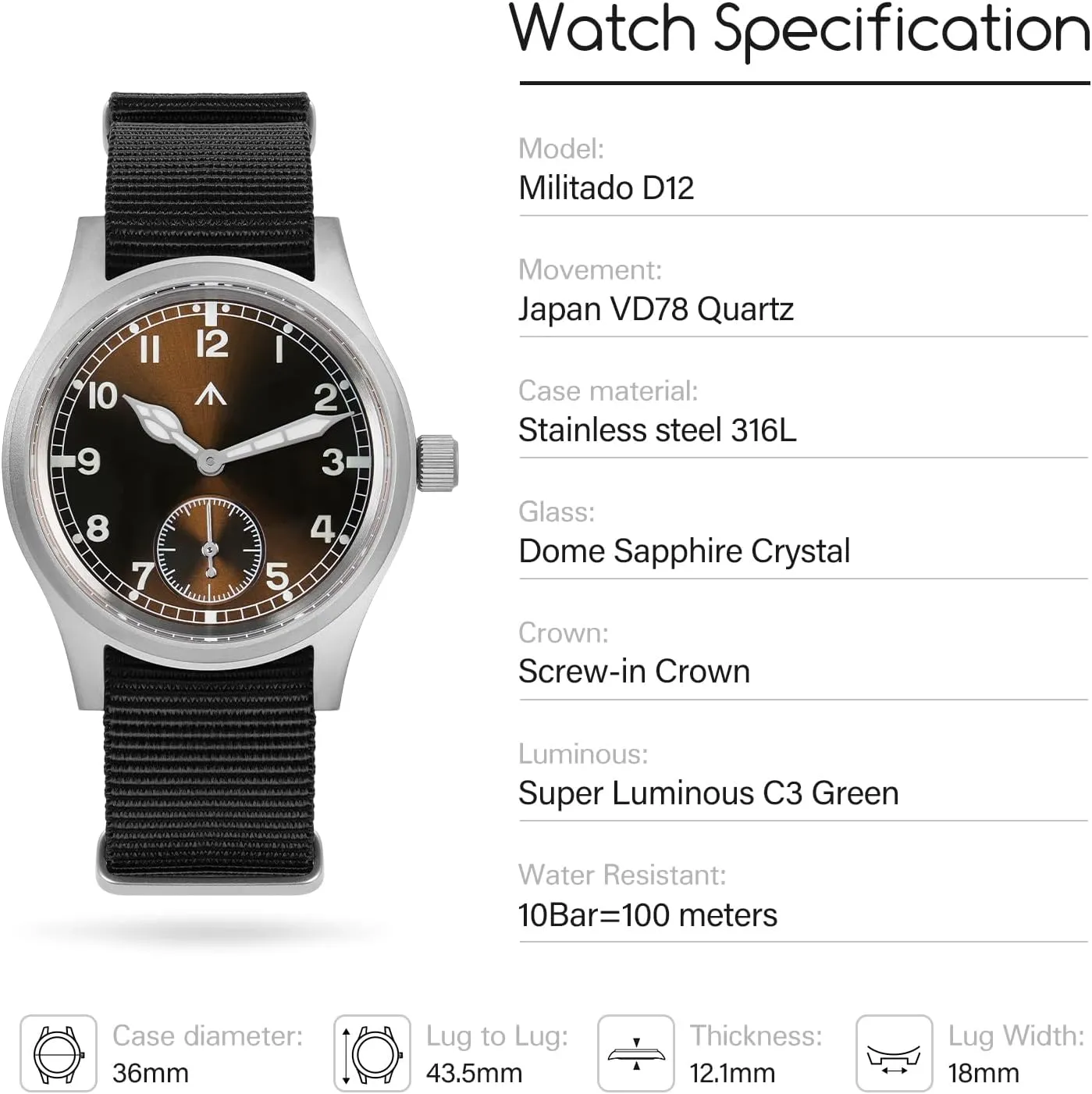VD78 Quartz Sapphire Crystal C3 Super Luminous 36mm Dial Military-Style Dress Watches, 100M Waterproof Militado D12 near feat court unconsolidated junction overview Military Mens Watch 