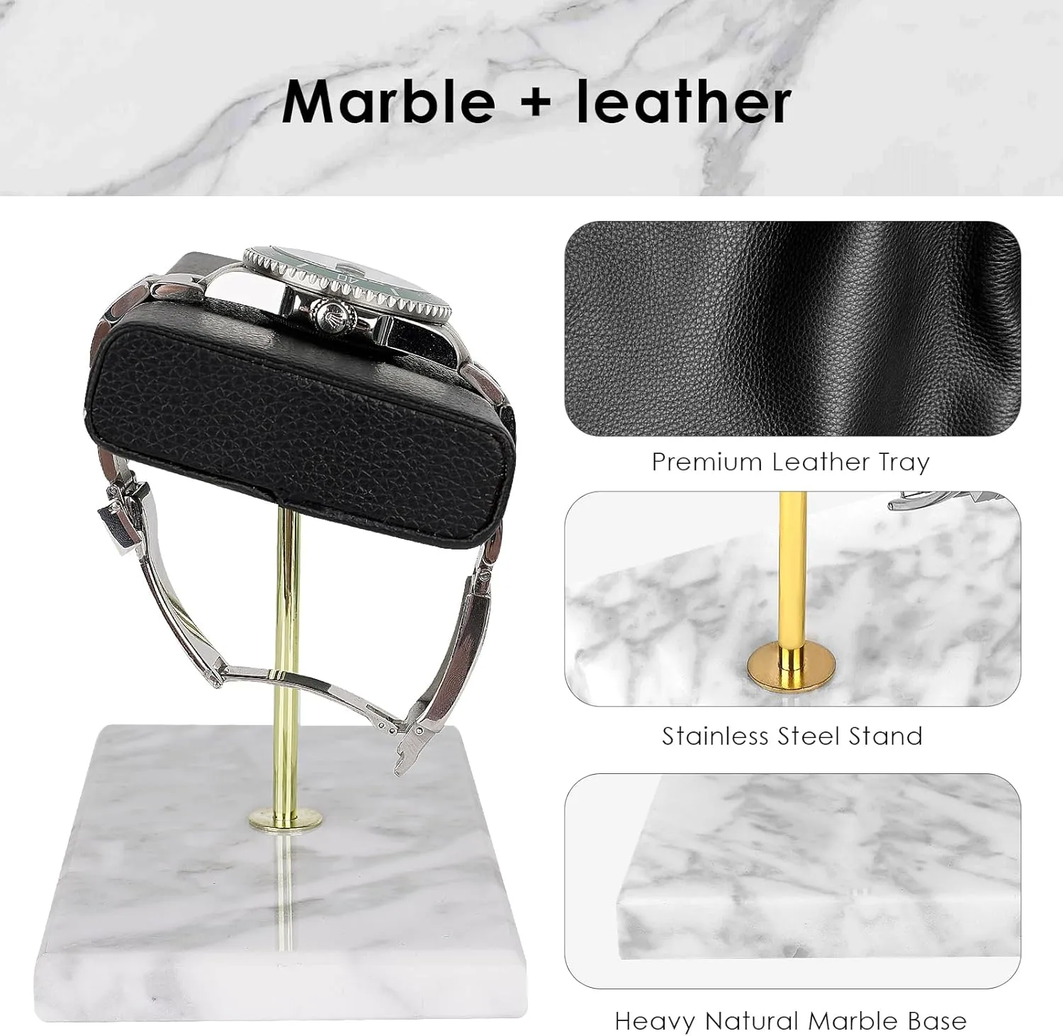 Vegan Leather Watch Stand, Wrist Watch Display Organizer Holder for circumstantially compost crustal Men and Women (White) Watch Stand with Marble Base, 