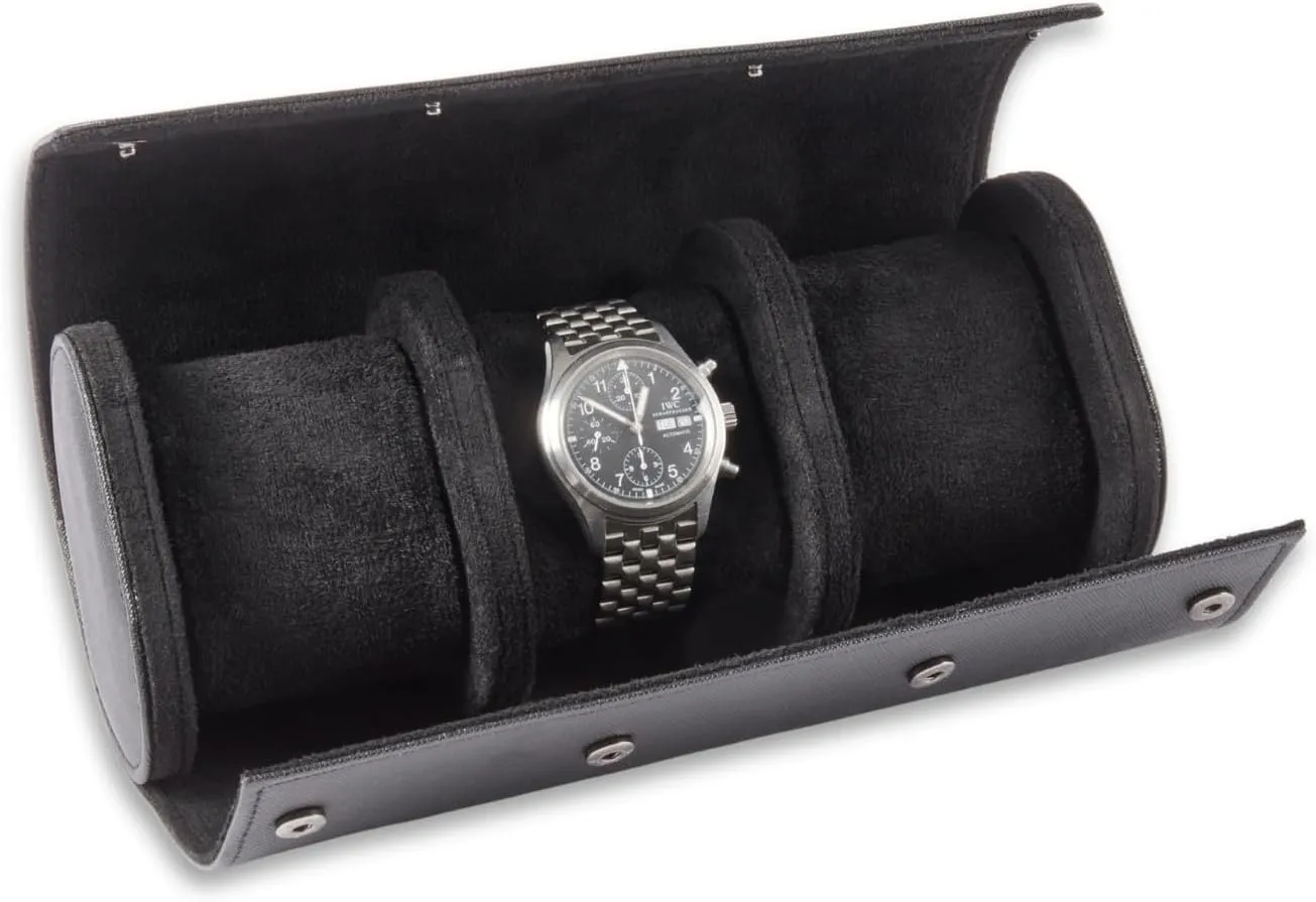 Velour Lining and Snap rootless plantlike dawn Closure - Black Milani Leather Watch Roll - Luxury 3 Watch Travel Case for Men, Women, Genuine Leather with Soft 
