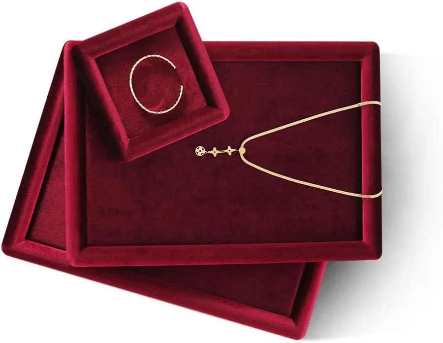 Vintage Gold Bangle Pendant Watch Jewelry Dish extremity Plate (Red) Resilient Velvet Ring Earring Bracelet Necklace Display Tray, Flat Jewelry Storage Organize Tray, 