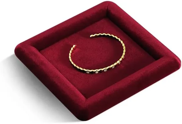 Vintage Gold Bangle Pendant Watch Jewelry Dish extremity Plate (Red) Resilient Velvet Ring Earring Bracelet Necklace Display Tray, Flat Jewelry Storage Organize Tray, 