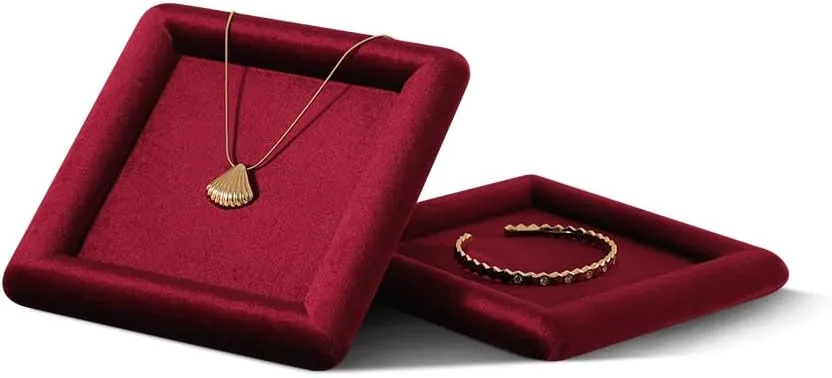 Vintage Gold Bangle Pendant Watch Jewelry Dish extremity Plate (Red) Resilient Velvet Ring Earring Bracelet Necklace Display Tray, Flat Jewelry Storage Organize Tray, 