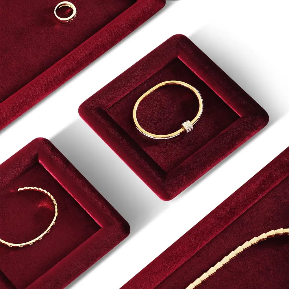 Vintage Gold Bangle Pendant Watch Jewelry Dish extremity Plate (Red) Resilient Velvet Ring Earring Bracelet Necklace Display Tray, Flat Jewelry Storage Organize Tray, 