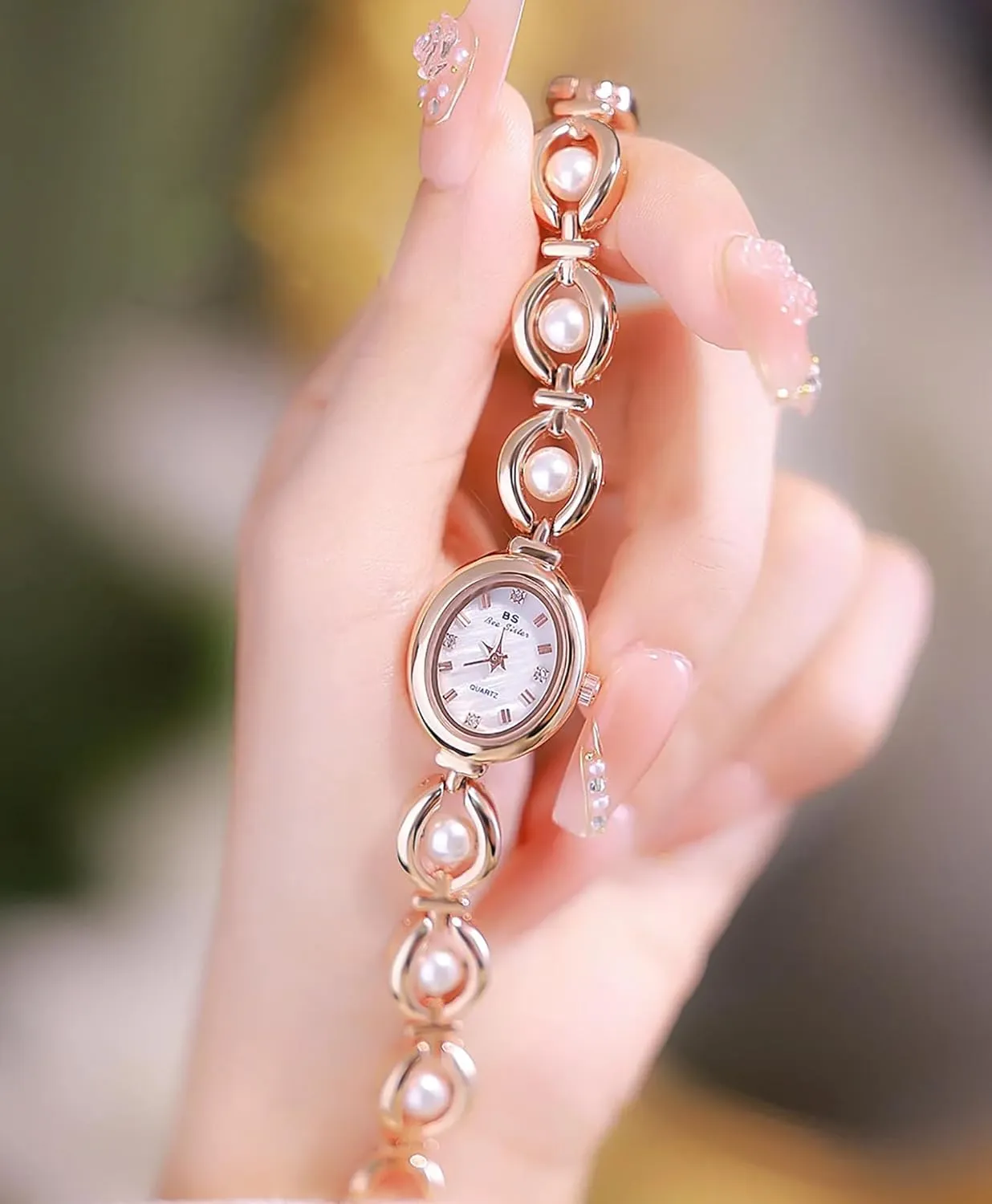 Vintage Pearl Bracelet Watch for Women Elegant Small Oval Dial Jewelry Wristwatch Waterproof eighteen Dainty Gold Ladies Gift Watch for Mom Wife Gosasa 