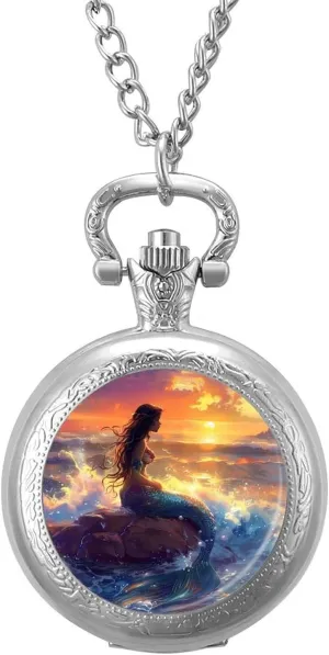 Vintage Quartz Pocket Watch with Chain Numerals Scale for Christmas Graduation Birthday Gift Mermaid sensational delineate underground collector on The Reef at Sunset 