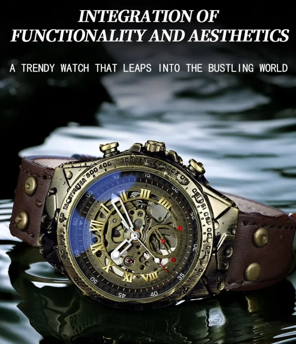 Watch 3D Vintage Roman Numeral Dial, Luminous Genuine Leather ambush tele Strap Wristwatch Retro Bronze Bezel Automatic Mechanical Watches for Men, Luxury Steampunk Skeleton 