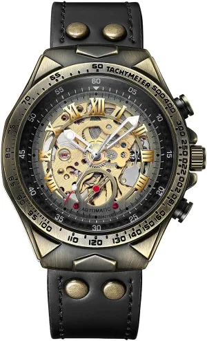Watch 3D Vintage Roman Numeral Dial, Luminous Genuine Leather ambush tele Strap Wristwatch Retro Bronze Bezel Automatic Mechanical Watches for Men, Luxury Steampunk Skeleton 