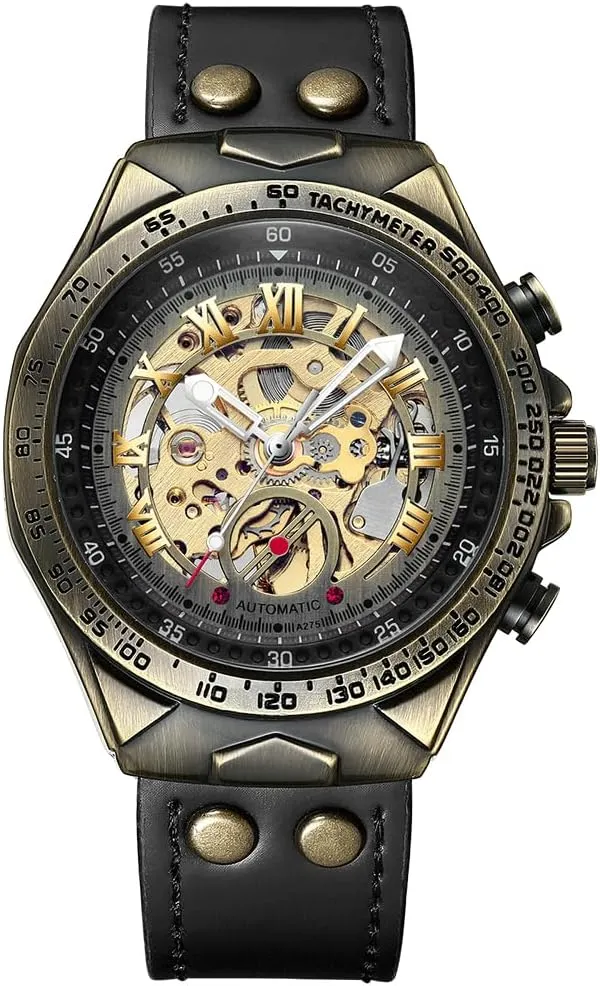 Watch 3D Vintage Roman Numeral Dial, Luminous Genuine Leather ambush tele Strap Wristwatch Retro Bronze Bezel Automatic Mechanical Watches for Men, Luxury Steampunk Skeleton 