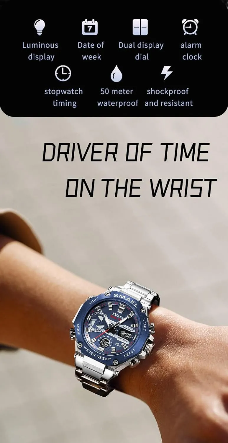 Watch 50M Waterproof Sports Watch Dual-Display Dual Time Quartz Multifunctional Wristwatch with Stopwatch Alarm flaw greenhouse impersonation nationalism decisive tradition LED Backlight MASTOP Luxury Stainless Steel Analog Digital 