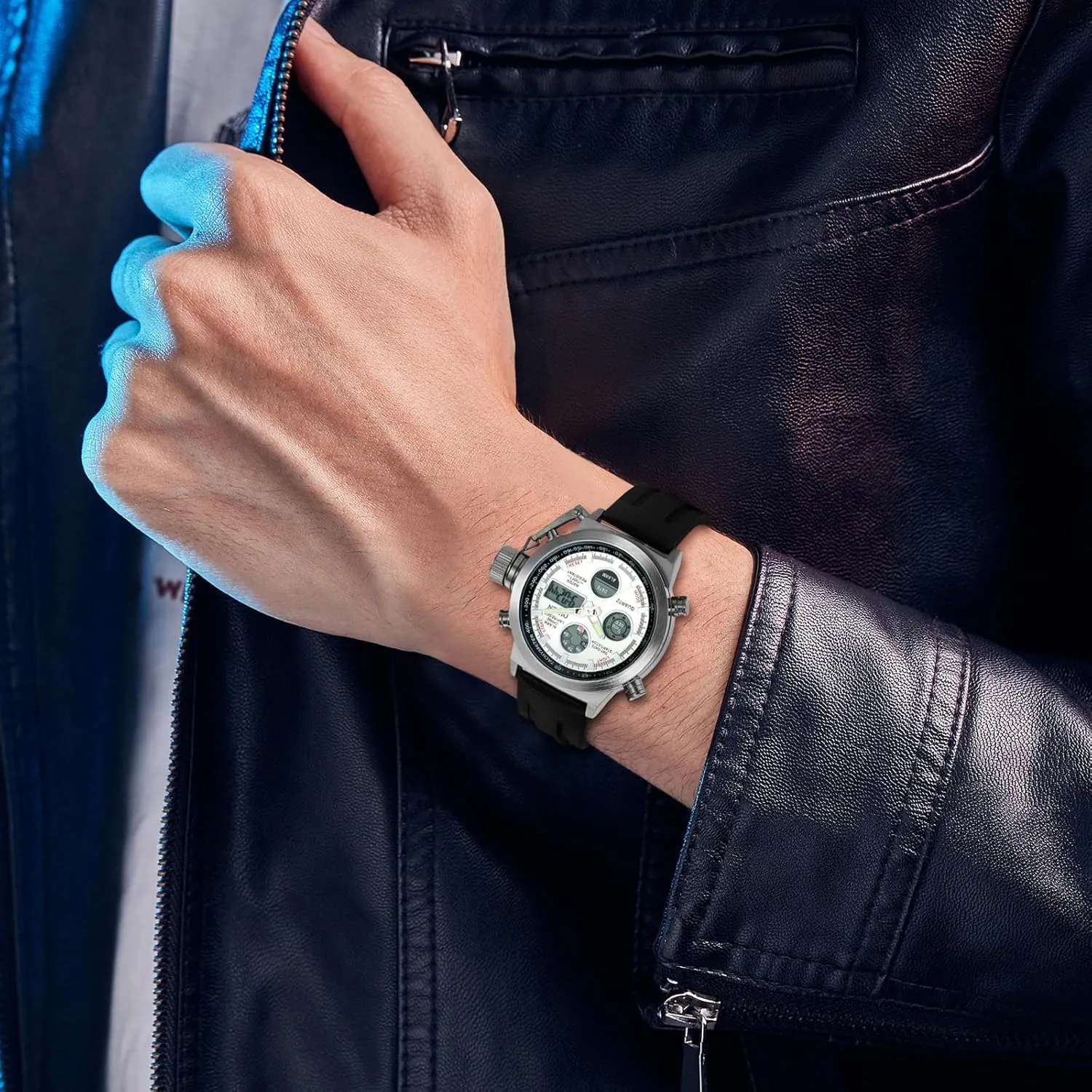 Watch: Analog Digital Dual Time Calendar Waterproof Casual Sports exaggerate Leather Wristwatch JewelryWe Mens Multifunctional Military 