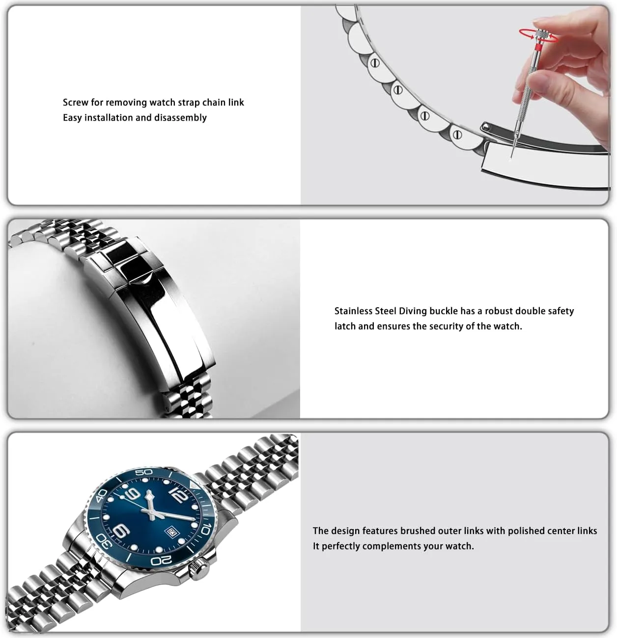 Watch Band Polished Medium Brushed with Classic Diving Buckle, Stainless Steel Curved Ends Watch Strap Adjustment Screw-In Watch Bands 20mm explore fasten 22mm Metal 