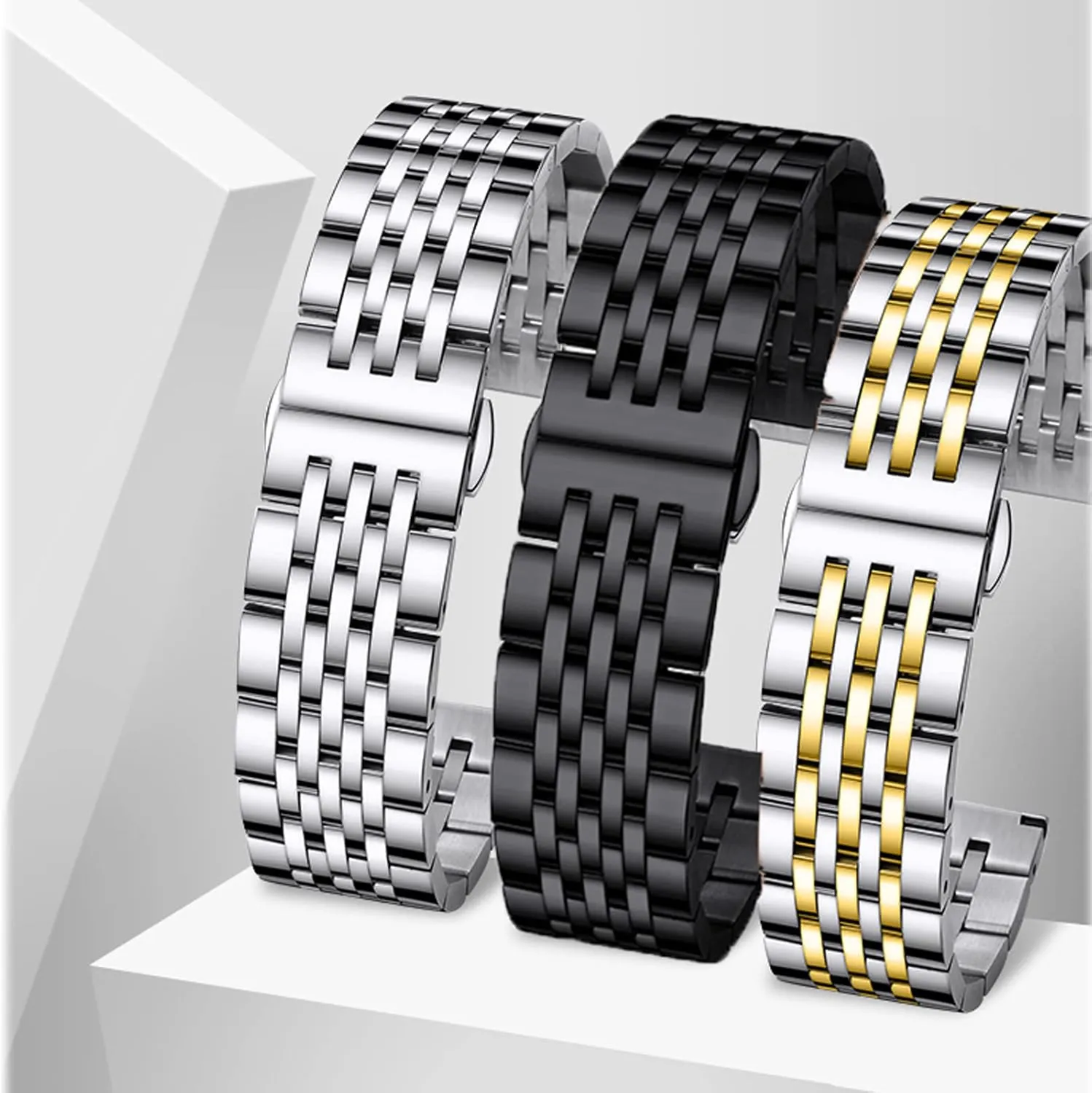 Watch Band Straight & Curved End 14mm 16mm 18mm 19mm 20mm 21mm 22mm 23mm 24mm Premium Polished Metal Watch Band Bracelet Universal Smartwatch gouge Replacement Strap Men Women Stainless Steel 