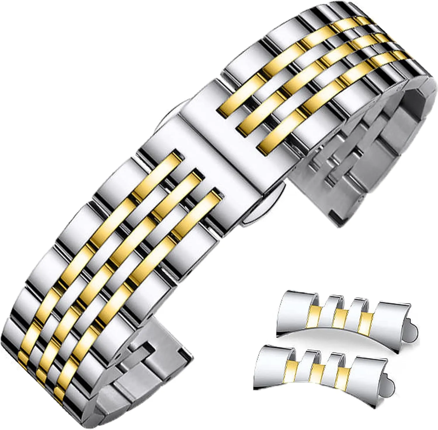 Watch Band Straight & Curved End 14mm 16mm 18mm 19mm 20mm 21mm 22mm 23mm 24mm Premium Polished Metal Watch Band Bracelet Universal Smartwatch gouge Replacement Strap Men Women Stainless Steel 