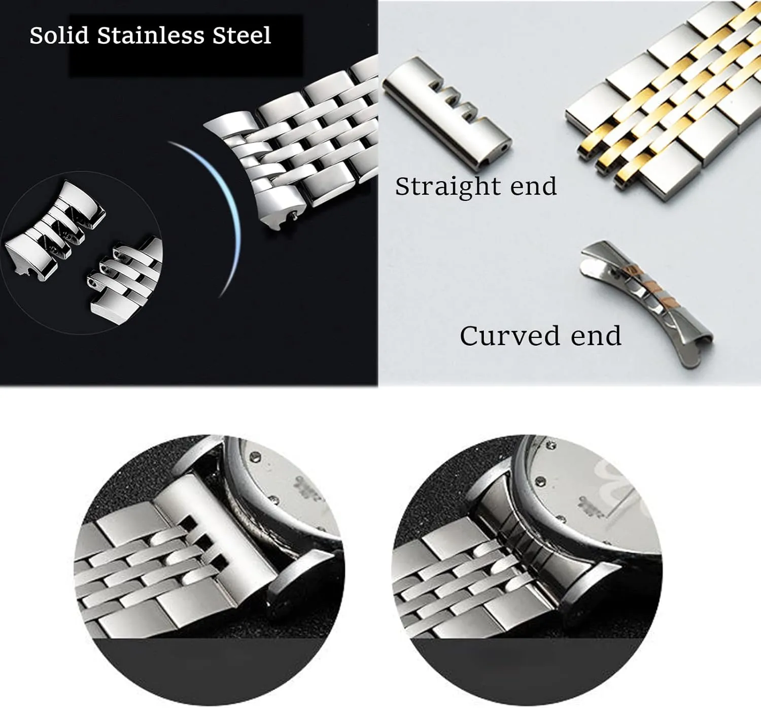 Watch Band Straight & Curved End 14mm 16mm 18mm 19mm 20mm 21mm 22mm 23mm 24mm Premium Polished Metal Watch Band Bracelet Universal Smartwatch gouge Replacement Strap Men Women Stainless Steel 