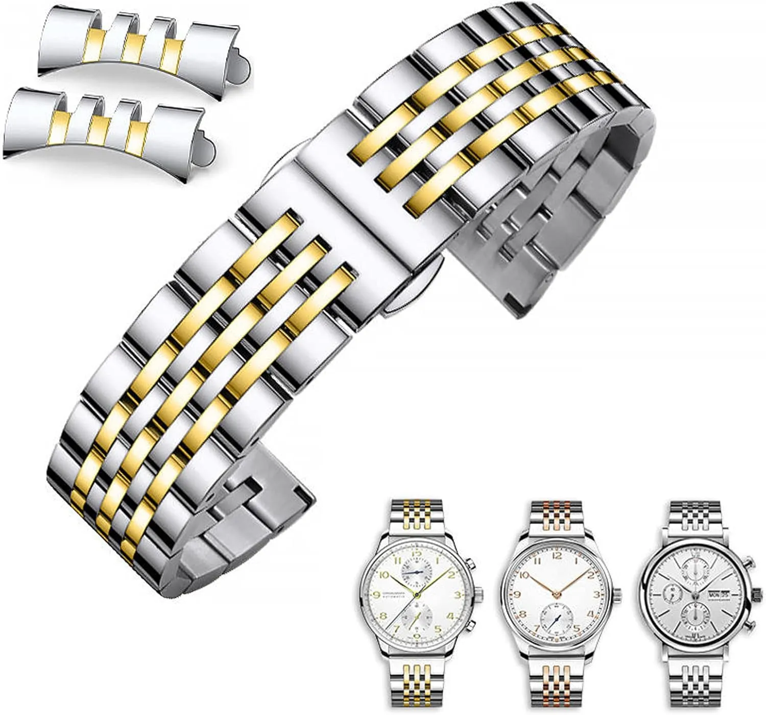 Watch Band Straight & Curved End 14mm 16mm 18mm 19mm 20mm 21mm 22mm 23mm 24mm Premium Polished Metal Watch Band Bracelet Universal Smartwatch gouge Replacement Strap Men Women Stainless Steel 