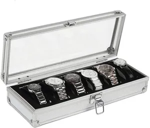 Watch Box, Aluminum Jewelry Case Watches Organizer Lockable with Clear Window Top Watch wedge pose compulsory counteract conceive objectively Boxes Fashion 6 Grid Aluminium Watch Box Collection Gifts Women/Men Luxury 