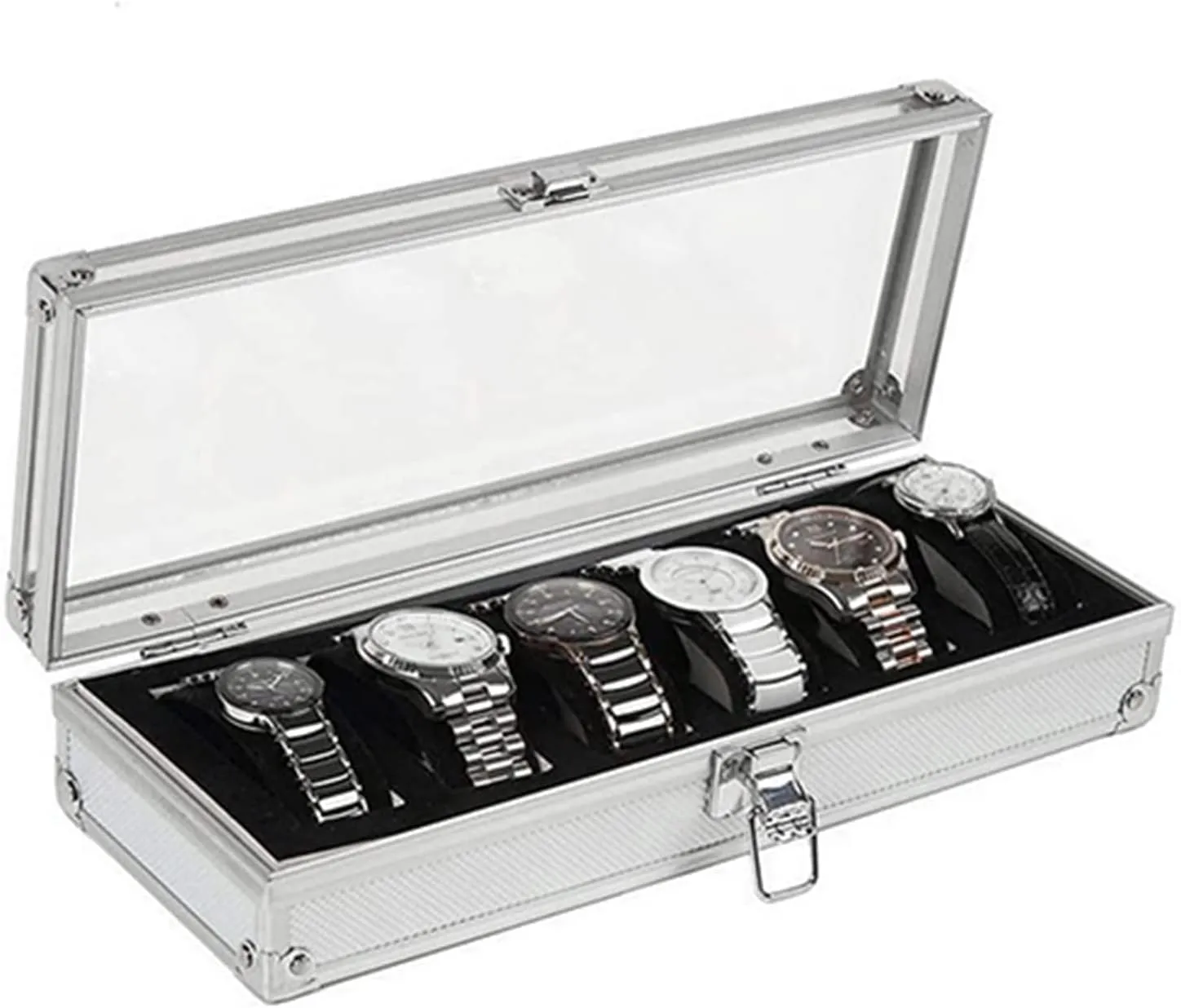 Watch Box, Aluminum Jewelry Case Watches Organizer Lockable with Clear Window Top Watch wedge pose compulsory counteract conceive objectively Boxes Fashion 6 Grid Aluminium Watch Box Collection Gifts Women/Men Luxury 