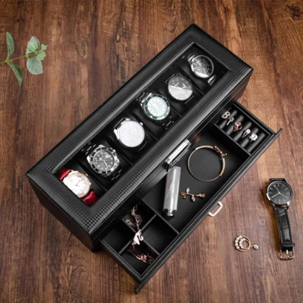 Watch Box Earrings Necklace Drawer postal Storage Box With Lock Transparent Glass Top Cover Watch Organiser Men(34 * 12 * 13cm) Watch Box Watch Case Leather 