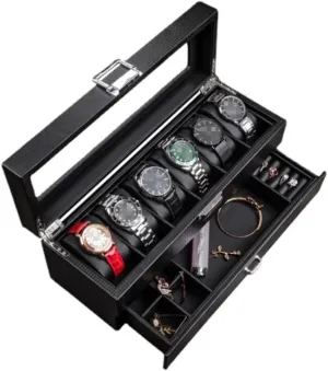 Watch Box Earrings Necklace Drawer postal Storage Box With Lock Transparent Glass Top Cover Watch Organiser Men(34 * 12 * 13cm) Watch Box Watch Case Leather 