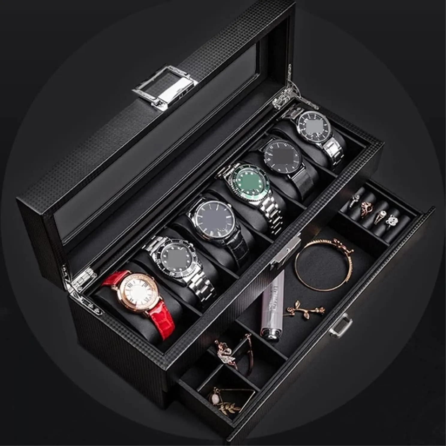 Watch Box Earrings Necklace Drawer postal Storage Box With Lock Transparent Glass Top Cover Watch Organiser Men(34 * 12 * 13cm) Watch Box Watch Case Leather 