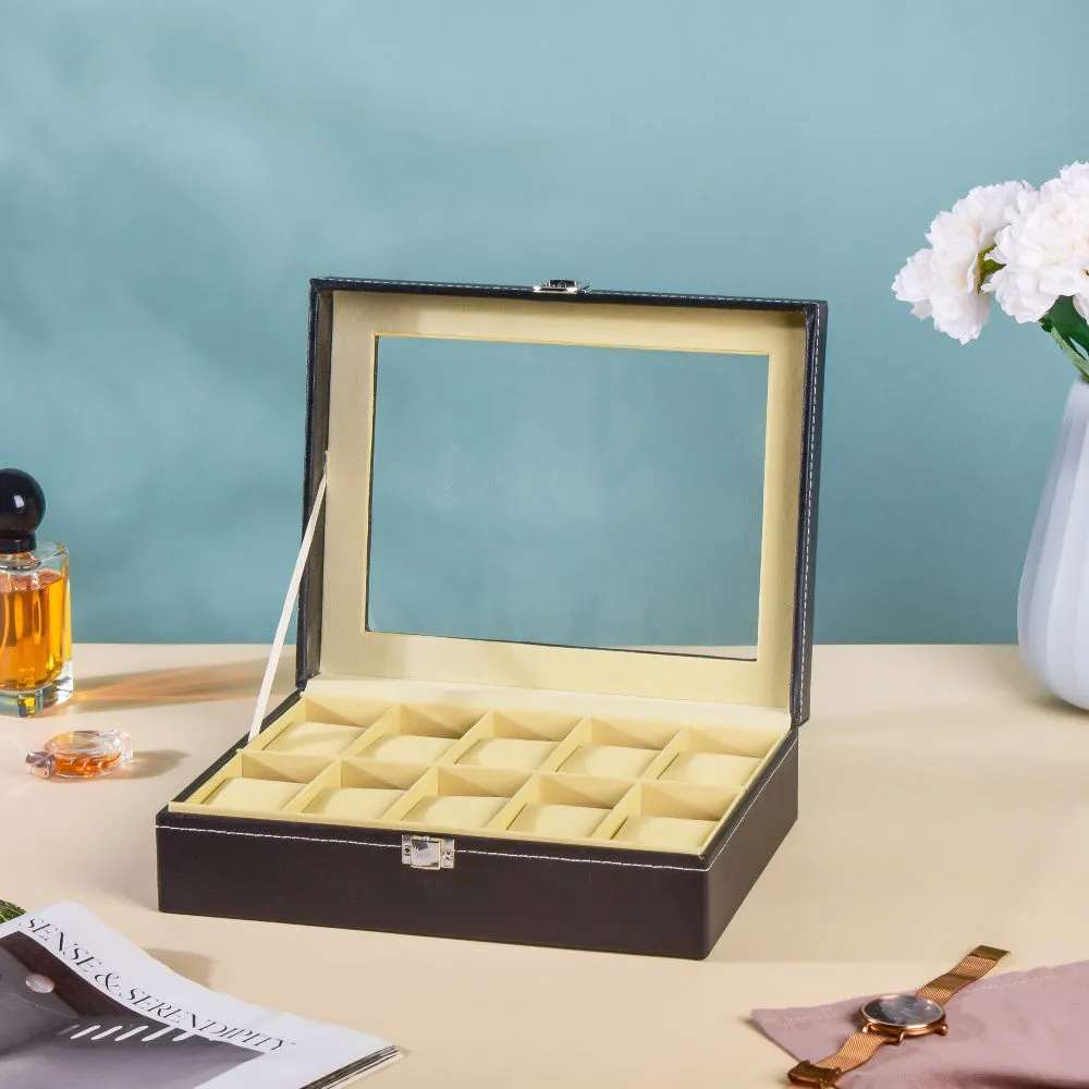 Watch Box Holder With 10 Cushioned Slots Black