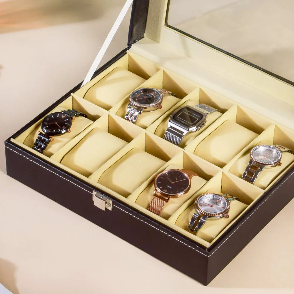 Watch Box Holder With 10 Cushioned Slots Black