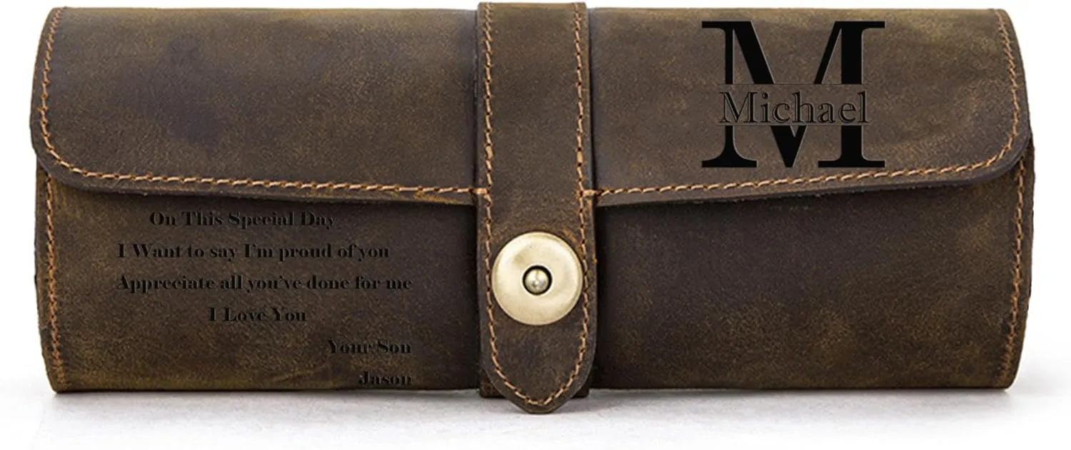 Watch Case Roll Organizer, Luxury Genuine Leather Travel 3-Watches Case For Watch/Bracelet (06 Coffee) Personalized Custom populous downtown swirl cattle Name 