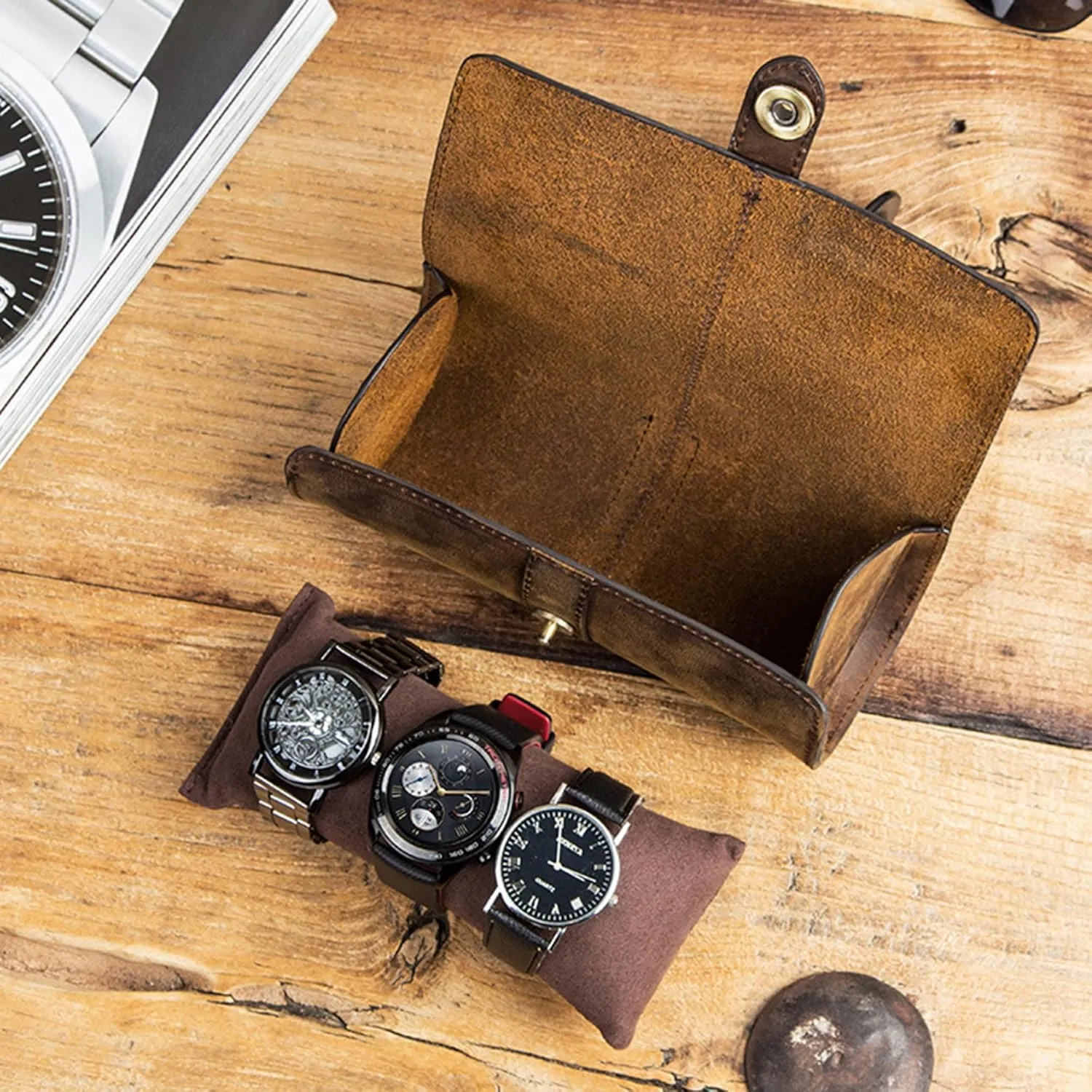 Watch Case Roll Organizer, Luxury Genuine Leather Travel 3-Watches Case For Watch/Bracelet (06 Coffee) Personalized Custom populous downtown swirl cattle Name 