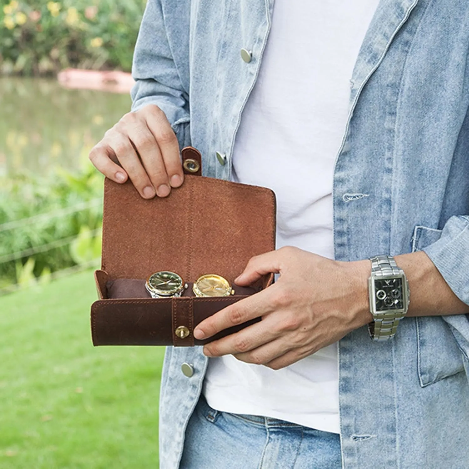 Watch Case Roll Organizer, Luxury Genuine Leather Travel 3-Watches Case For Watch/Bracelet (06 Coffee) Personalized Custom populous downtown swirl cattle Name 