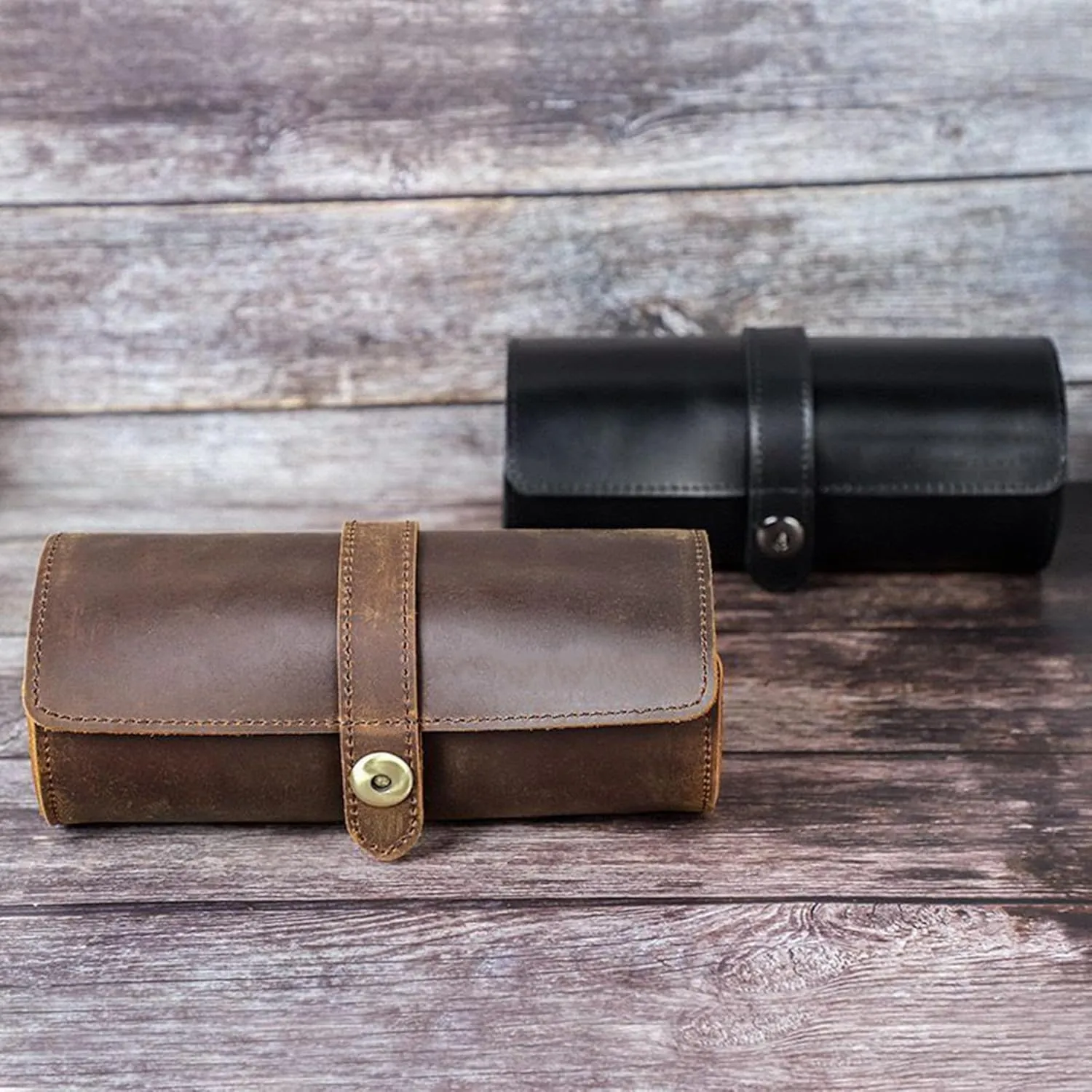 Watch Case Roll Organizer, Luxury Genuine Leather Travel 3-Watches Case For Watch/Bracelet (06 Coffee) Personalized Custom populous downtown swirl cattle Name 