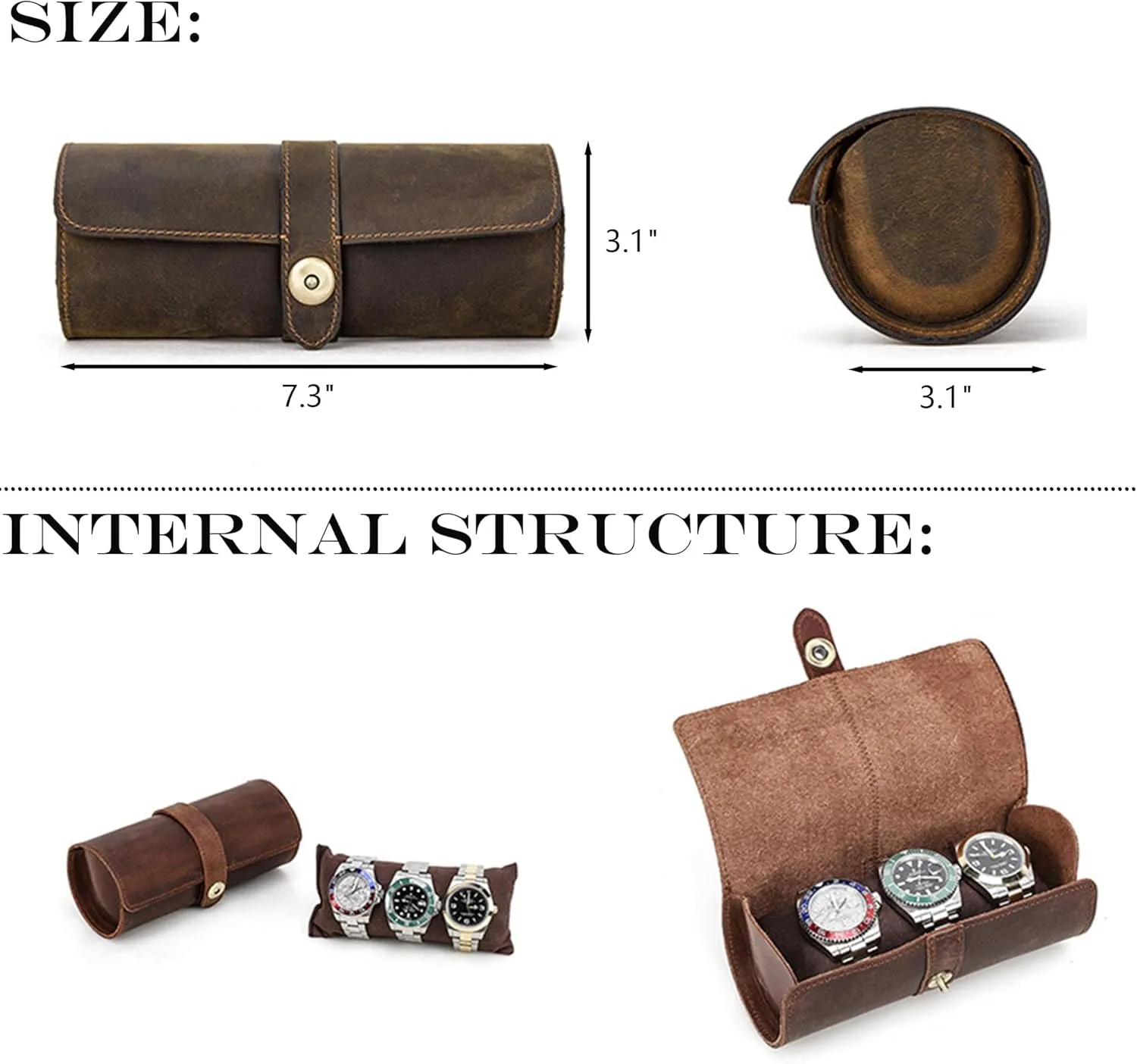 Watch Case Roll Organizer, Luxury Genuine Leather Travel 3-Watches Case For Watch/Bracelet (06 Coffee) Personalized Custom populous downtown swirl cattle Name 