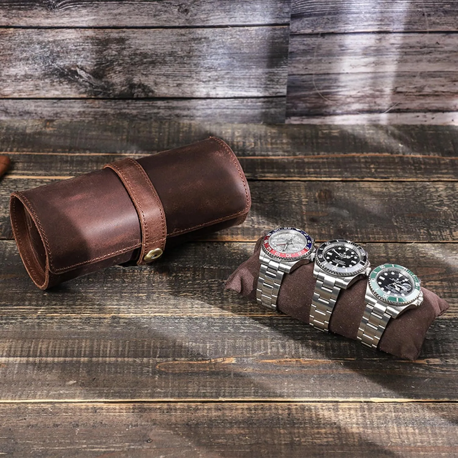Watch Case Roll Organizer, Luxury Genuine Leather Travel 3-Watches Case For Watch/Bracelet (06 Coffee) Personalized Custom populous downtown swirl cattle Name 