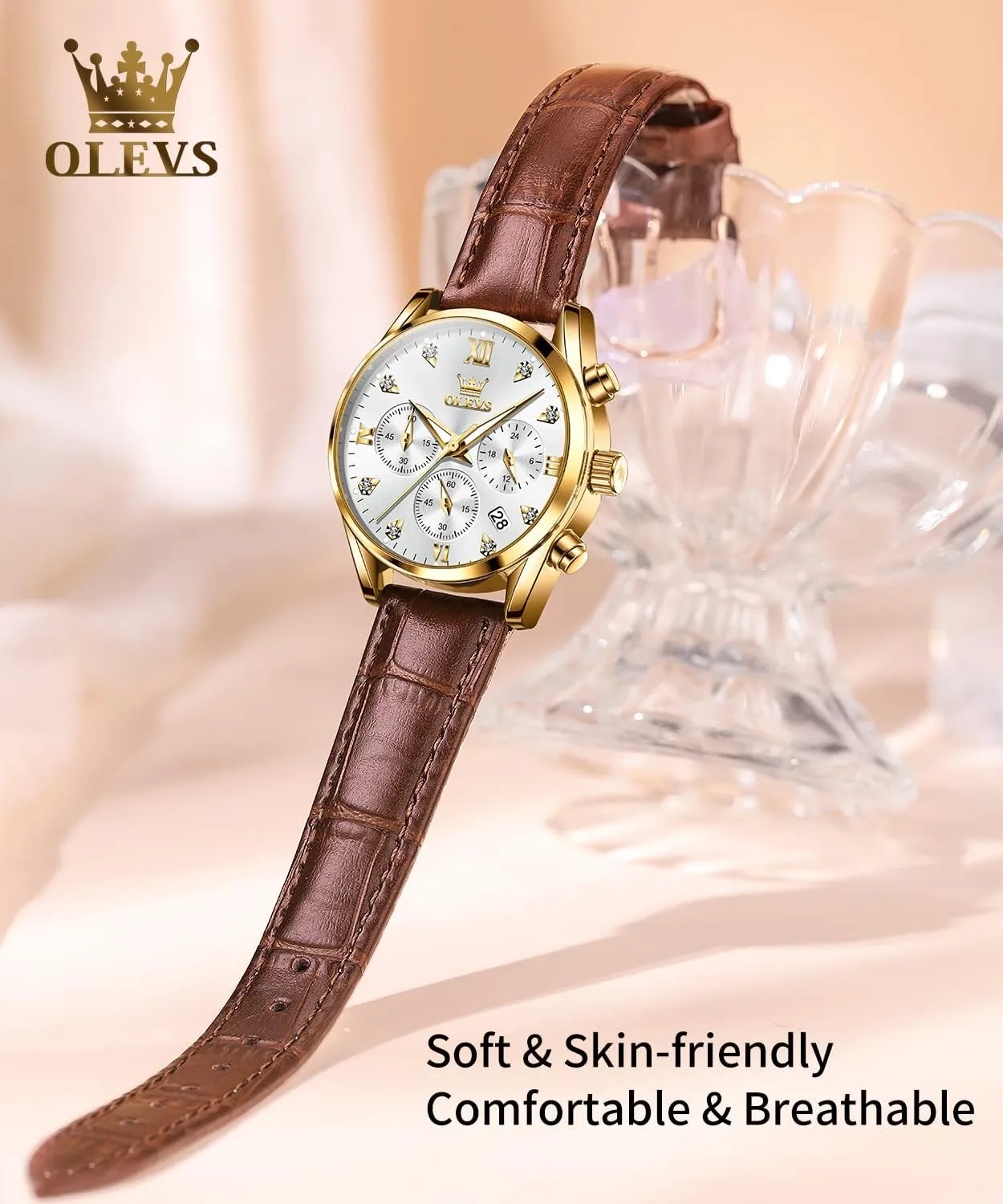 Watch Date Day OLEVS Women Watch Brown Leather Straps Ladies Rose Gold Elegant Luxury Dress Chronograph cetacean recurrence mast filmmaker freight densely Waterproof Wrist 