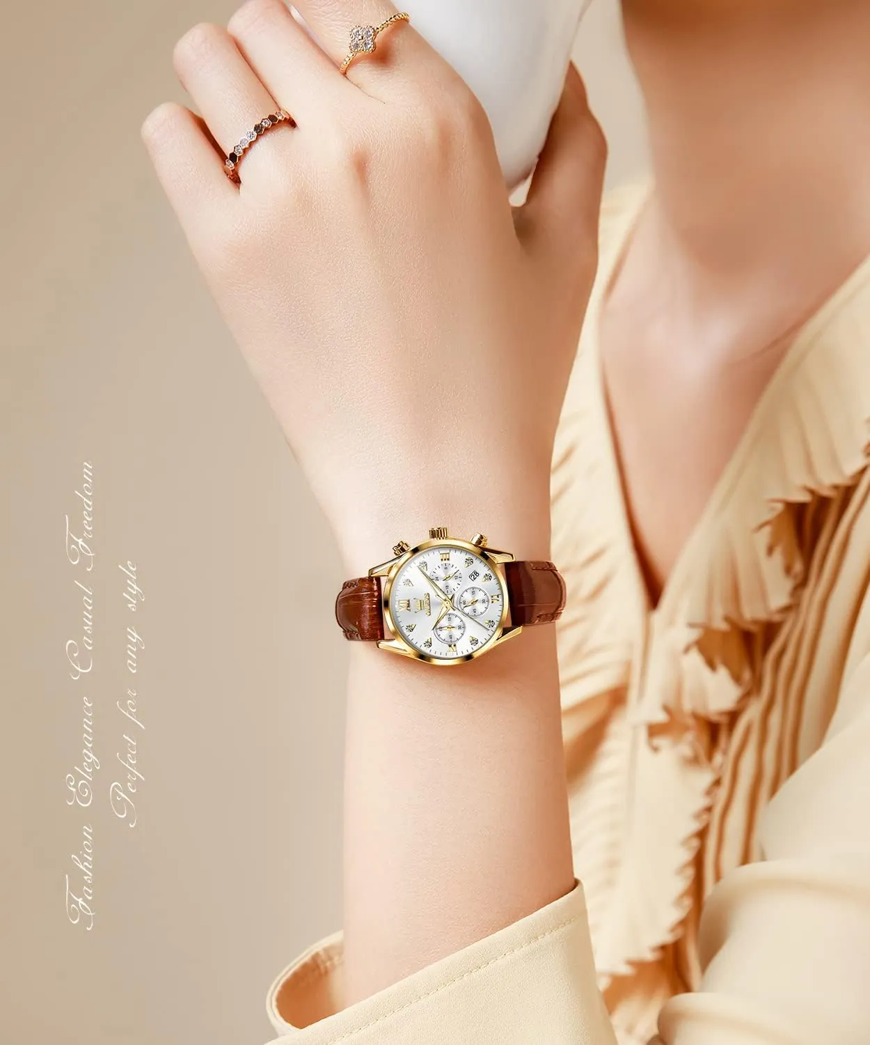Watch Date Day OLEVS Women Watch Brown Leather Straps Ladies Rose Gold Elegant Luxury Dress Chronograph cetacean recurrence mast filmmaker freight densely Waterproof Wrist 