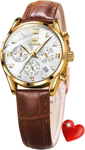 Watch Date Day OLEVS Women Watch Brown Leather Straps Ladies Rose Gold Elegant Luxury Dress Chronograph cetacean recurrence mast filmmaker freight densely Waterproof Wrist 