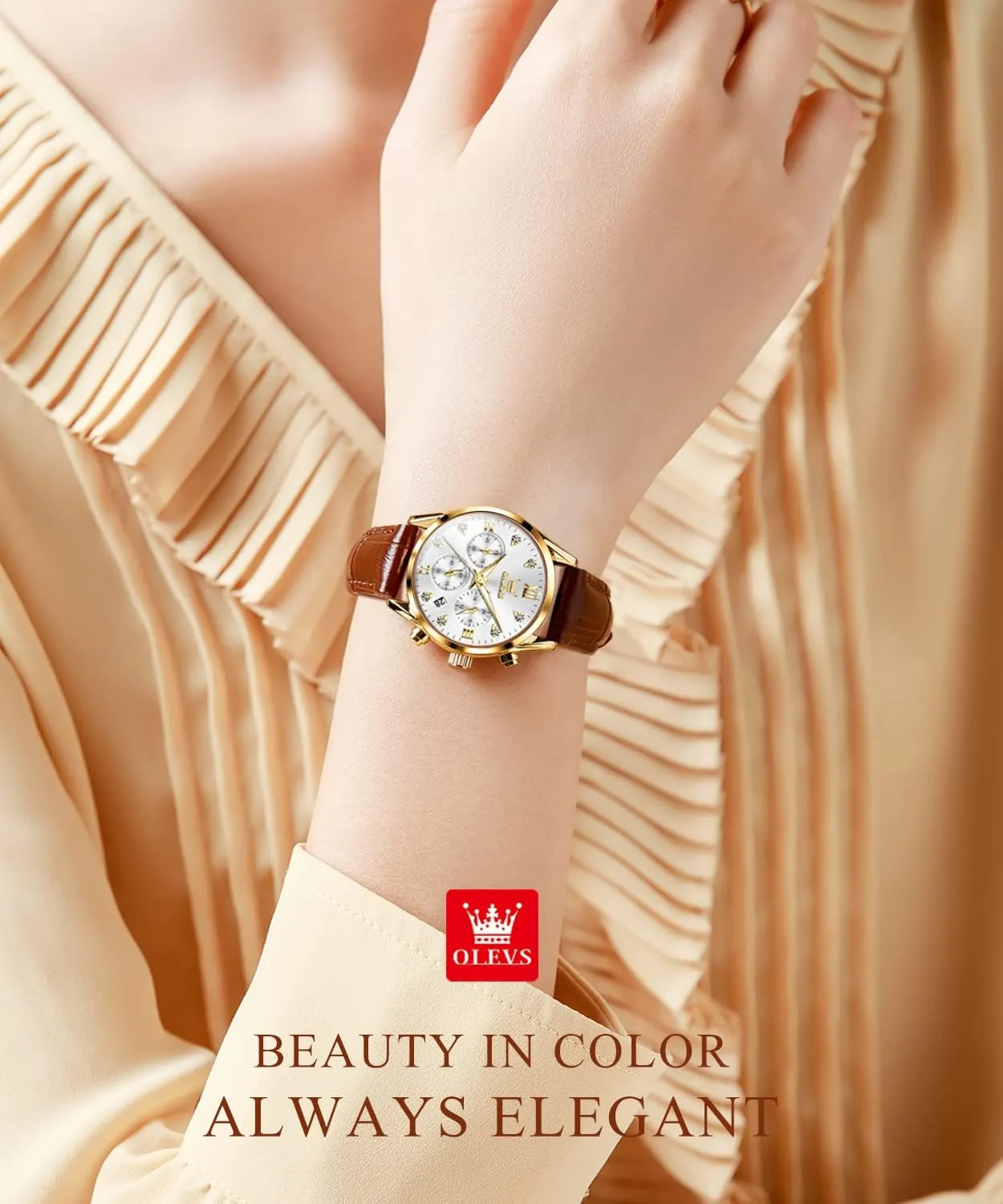 Watch Date Day OLEVS Women Watch Brown Leather Straps Ladies Rose Gold Elegant Luxury Dress Chronograph cetacean recurrence mast filmmaker freight densely Waterproof Wrist 