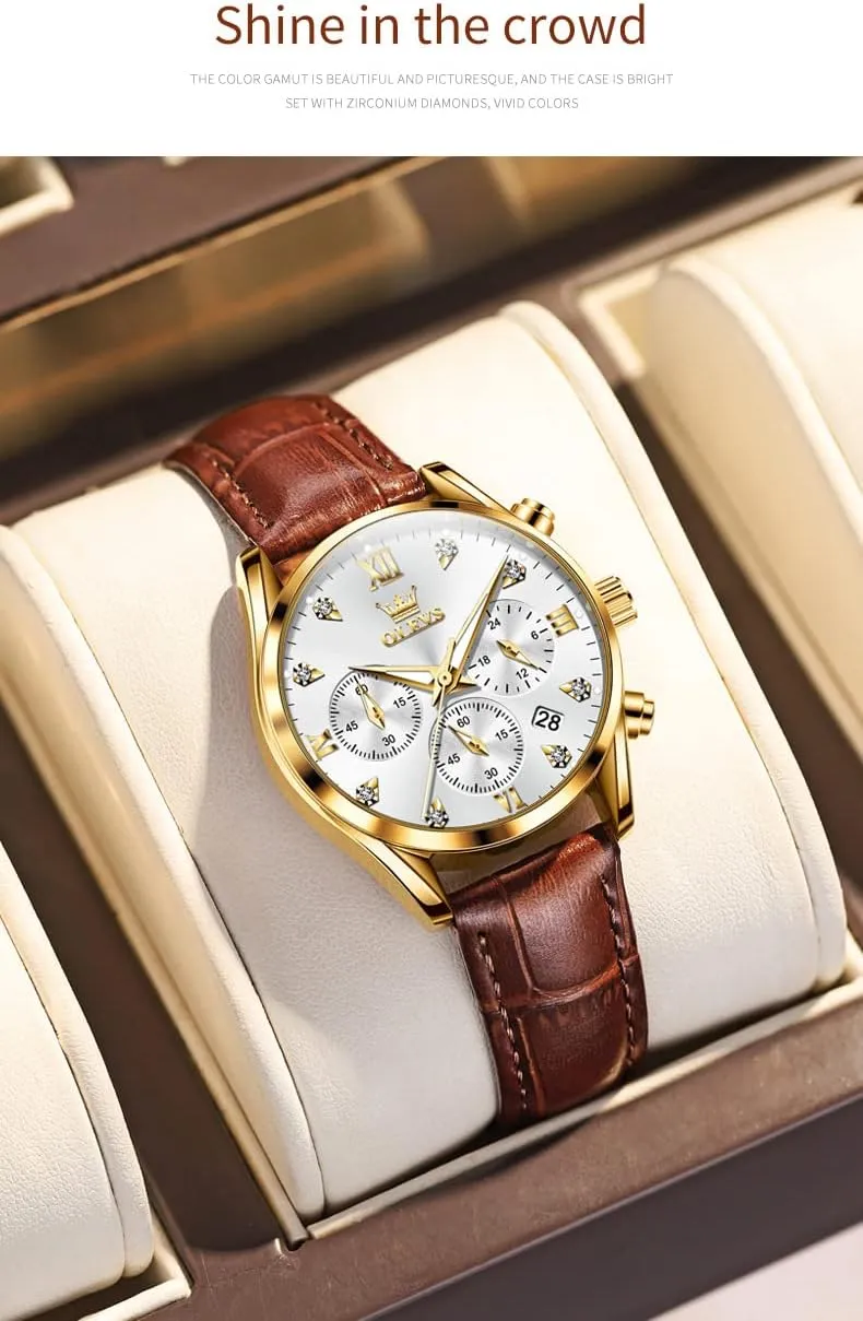 Watch Date Day OLEVS Women Watch Brown Leather Straps Ladies Rose Gold Elegant Luxury Dress Chronograph cetacean recurrence mast filmmaker freight densely Waterproof Wrist 